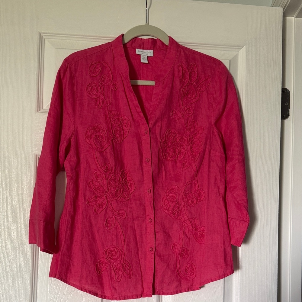 Bright Pink Embroidered Button-Front Women's Top 100% linen